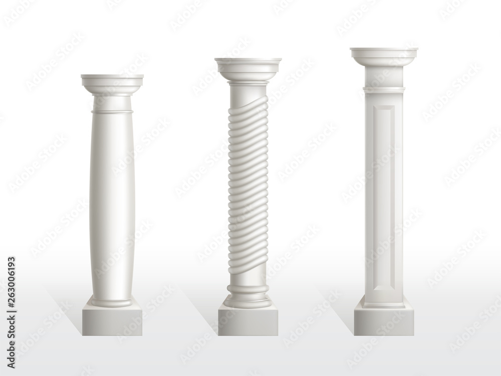 Ancient columns set isolated on white background. Antique classic stone ornate pillars of roman or greece architecture for interior or facade. Joinery vintage elements Realistic 3d vector illustration