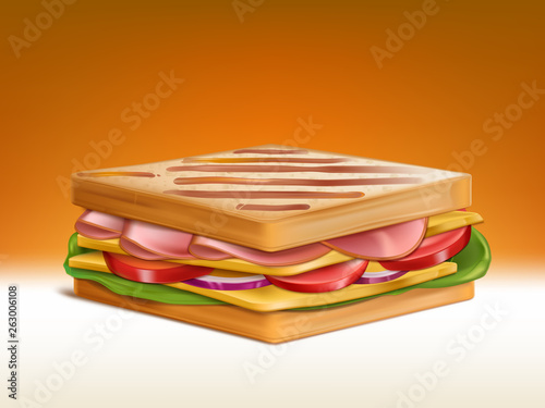 Big double sandwich with two pieces of roasted wheat bread, sliced ham and cheddar cheese pieces, tomato and onion slices and fresh salad leaves 3d realistic vector. Nutritious breakfast illustration