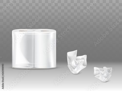 Toilet paper, kitchen paper towels pack 3d realistic vector mockup with two paper rolls sealed in plastic or polyethylene, crumpled, used napkins 3d realistic vector isolated on transparent background