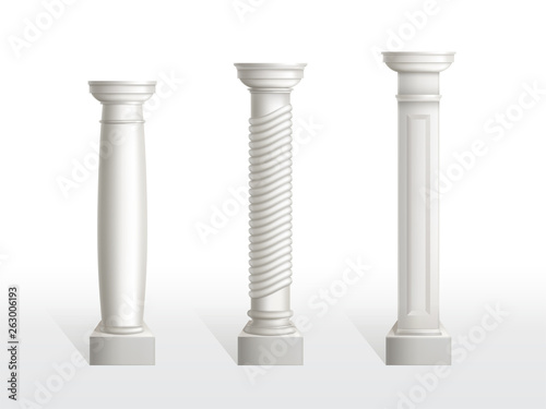 Ancient columns set isolated on white background. Antique classic stone ornate pillars of roman or greece architecture for interior or facade. Joinery vintage elements Realistic 3d vector illustration