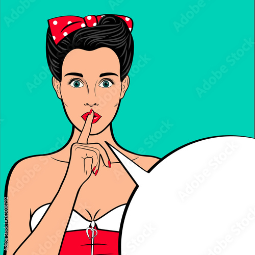 Pop art female face. Poster template. Retro young sexy bright woman holds index finger at the mouth as shh. Blank speech bubble for text. Vector illustration