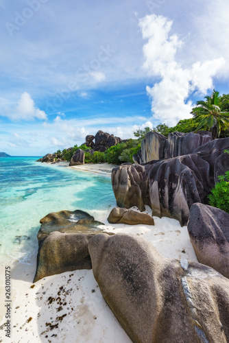 rocks,white sand,palms,turquoise water at tropical beach,la dique,seychelles paradise 15 © Christian B.