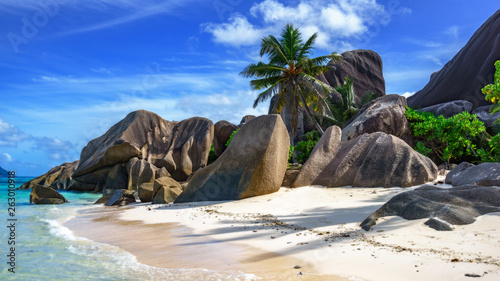 rocks,white sand,palms,turquoise water at tropical beach,la dique,seychelles paradise 2