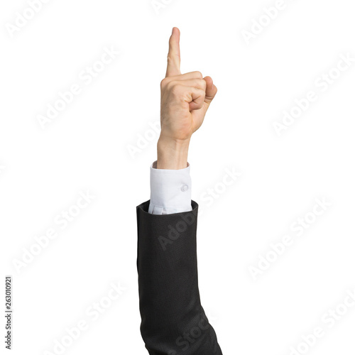 Businessman hand in suit showing finger pointing