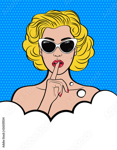 Pop art illustration of a sexy girl in glasses  asking for silence, quiet. Young  blonde woman holds index finger at the mouth. Vector image in comic style