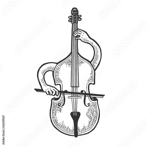 Double bass violin alto cello string instrument plays on itself sketch engraving vector illustration. Scratch board style imitation. Black and white hand drawn image.