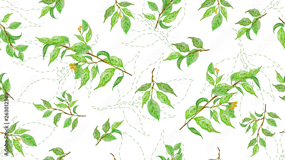 Fresh spring leaves. Botanical background, laurel, ficus, tea. Watercolor seamless pattern. The idea of cover, invitation, booklet, printing. Fresh spring leaves. Botanical background, laurel, ficus, tea. Watercolor seamless pattern. The idea of cover, invitation, booklet, printing.