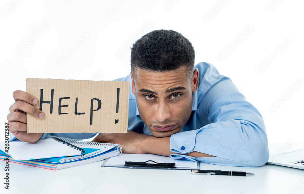 Young attractive business man feeling stressed at work asking for help Young attractive business man feeling stressed at work asking for help