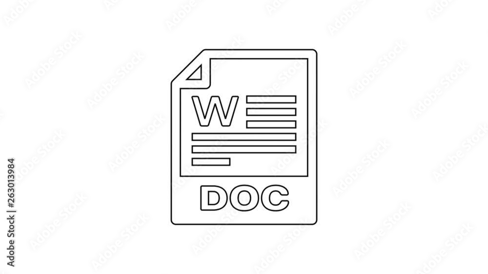 Black DOC file document icon. Download doc button line icon on white background. DOC file extension symbol. 4K Video motion graphic animation Black DOC file document icon. Download doc button line icon on white background. DOC file extension symbol. 4K Video motion graphic animation