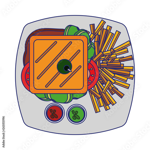 Sandwich and french fries with sauces on dish blue lines