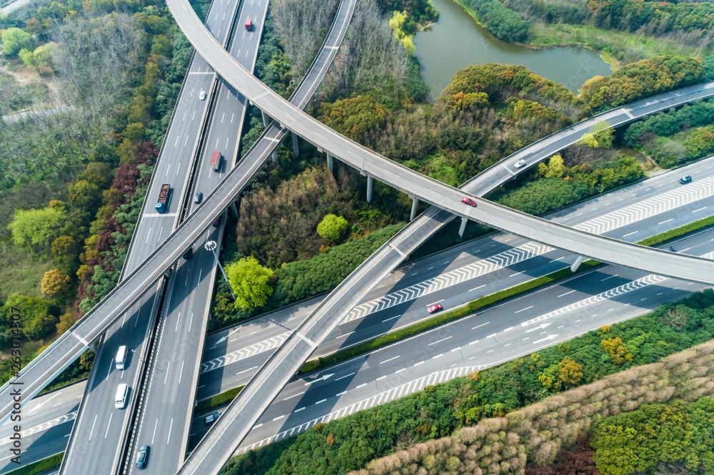 Fototapeta premium Aerial view of highway and overpass in Shanghai