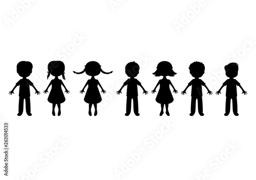 Little kids silhouette vector. Children in a row clipart. Black set icons of children isolated on a white background. Little children silhouette cartoon character