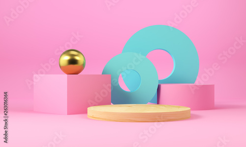 Fototapeta Naklejka Na Ścianę i Meble -  Geometric pink and blue shapes with gold sphere. Abstract background. 3d rendering.