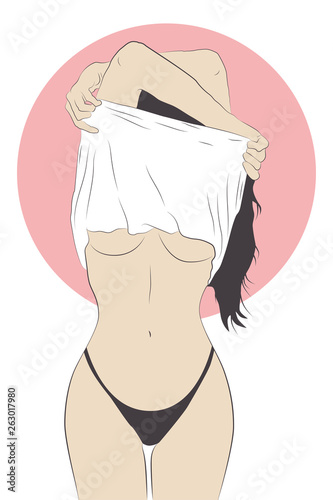 Young woman taking off her t-shirt. Vector illustration can be used like postcards, stickers, posters, prints for t-shirt.