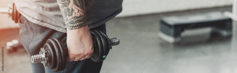 panoramic shot of Overweight tattooed man training with dumbbell at gym with copy space