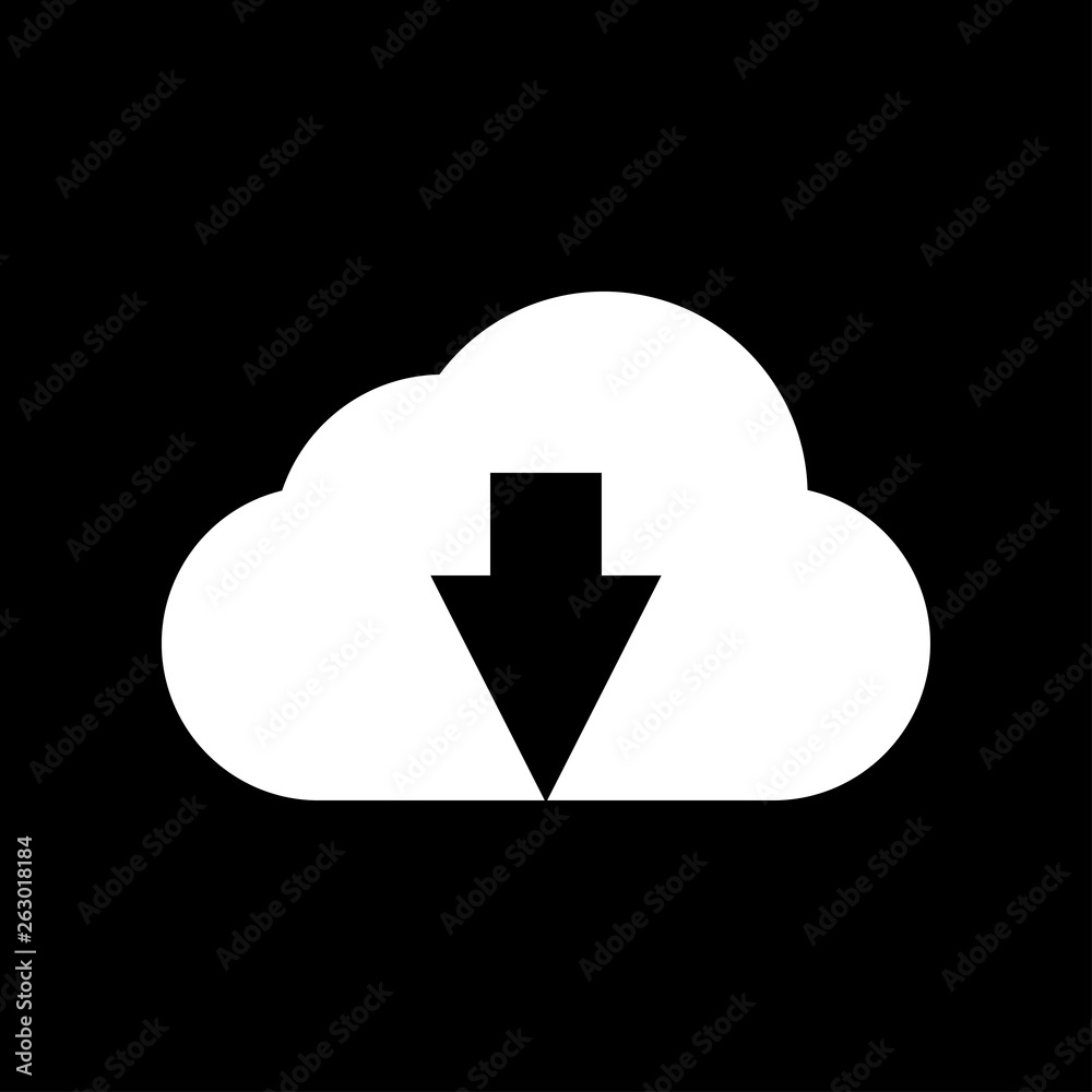 Down arrow in the cloud sign. Cloud storage icon- black background Down arrow in the cloud sign. Cloud storage icon- black background