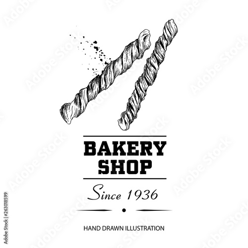 Bakery shop poster. Top view puff pastry bread sticks grissini. Hand drawn sketch style vector illustration isolated on white background. Ideal for bakery shop designs and package.