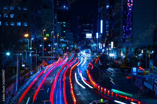 Night time lapse urban street at the business town in Tokyo