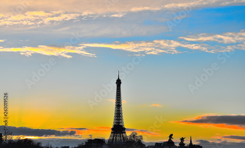 silhouette of eiffel tower in paris at sunset