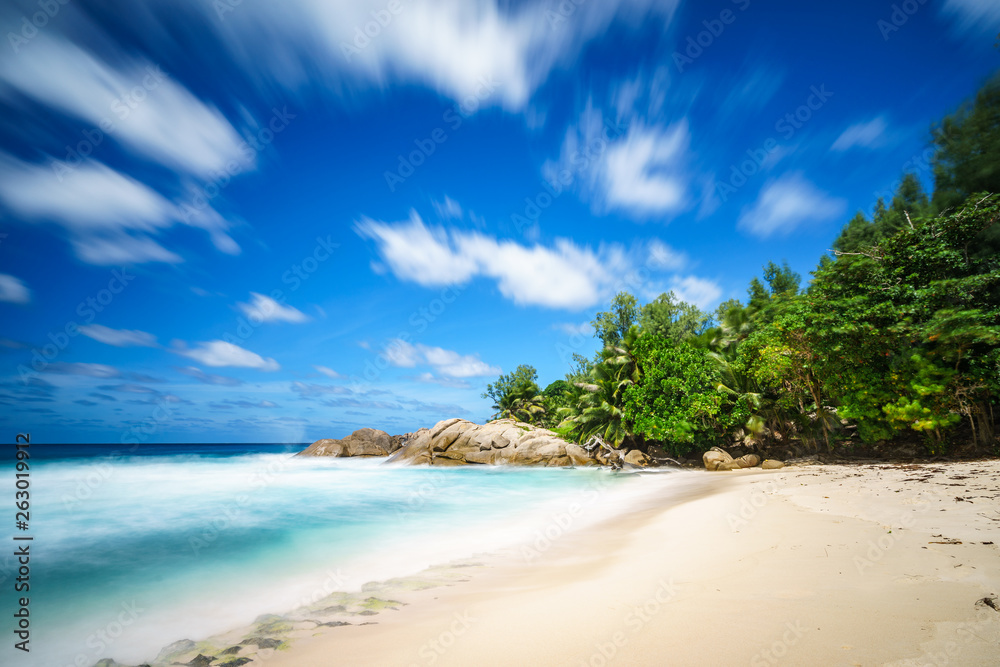 beautiful paradise tropical beach,palms,rocks,white sand,turquoise water, seychelles 33