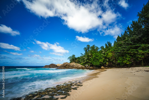 beautiful paradise tropical beach,palms,rocks,white sand,turquoise water, seychelles 37