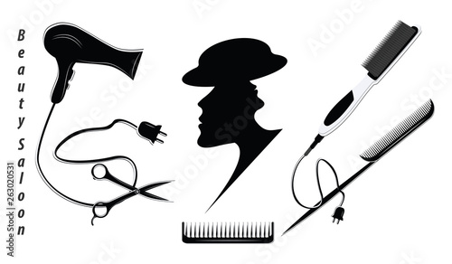 Abstract female face in profile and hairdresser tools - flat style, isolated on white background - vector. Beauty Salon Logo