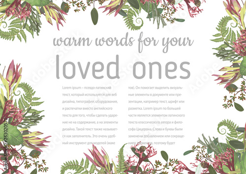Wedding, watercolor seasonal flower card.Plants, leaves, branches, brunia, blooming eucalyptus, leucadendron, gaultheria, salal, jatropha vector design frame.Floral horizontal composition.Isolated