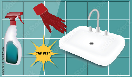 Sink - ceramic cleaner, rubber glove - realistic, flat style - vector.