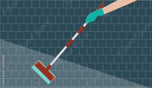 Mop with floor cloth - rubber-gloved hand - tiled floor - flat style - vector