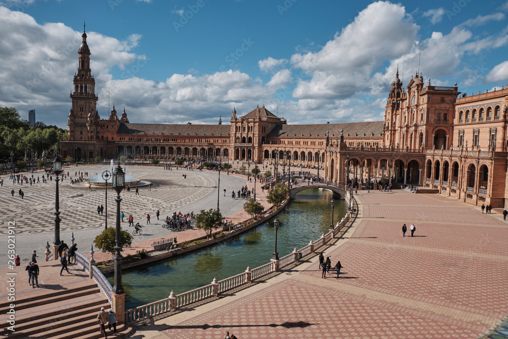 April 2019 - Andalisia Seville's main square Plaza de Espana Spain with walking peoples.