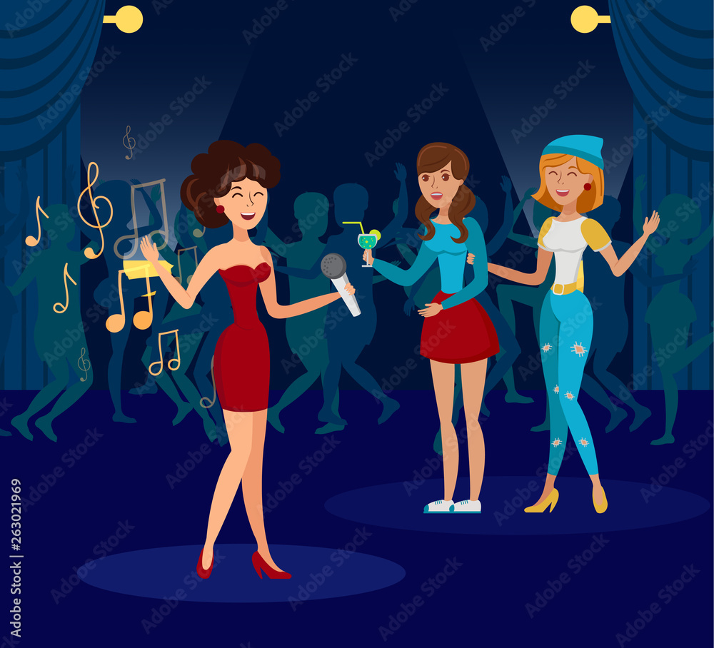 Fotografie Night Club, Karaoke Party Flat Vector Illustration