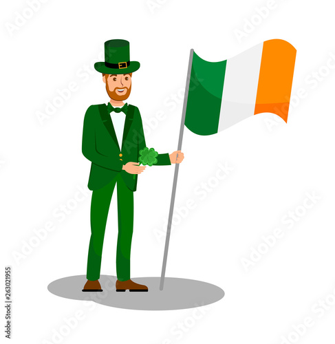 Man Holding Ireland Flag Flat Color Illustration