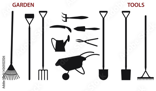 Gardening Tools Silhouette - shovels, rakes, wheelbarrow, watering can, pruner - isolated on white background - flat style - vector.