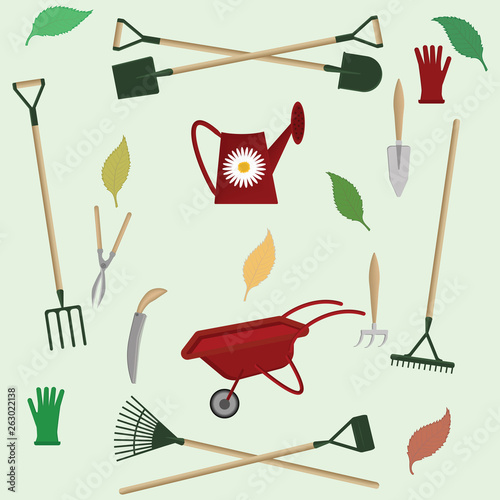 Set - Wheelbarrow, watering can, shovel, rake, pruner - isolated on light background - flat style - vector. Gardening Supplies