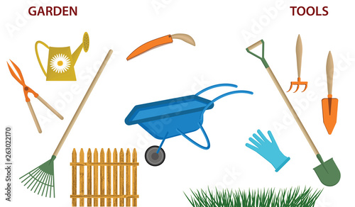 Gardening supplies - cart, watering can, shovel, rake - wooden fence, grass - isolated on white background - vector