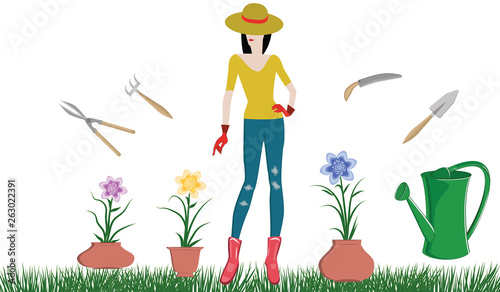 Work in the garden. Girl in a hat, in rubber gloves and boots, tools - ceramic pots with flowers, watering can - isolated on white background - vector