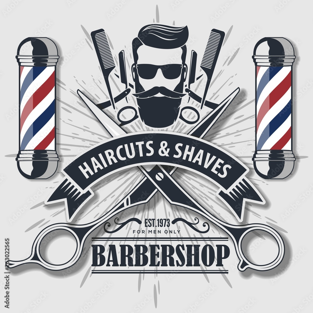 Barber Shop Logo with barber pole in vintage style. Vector template Stock  Vector