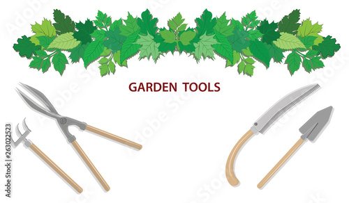 Garland of green leaves - Gardening tools - flat style - vector.