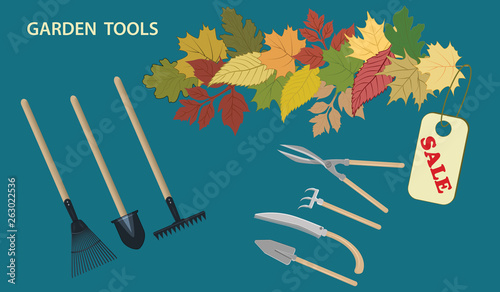 Garden tools in assortment - beautiful branch with leaves - flat style - vector.