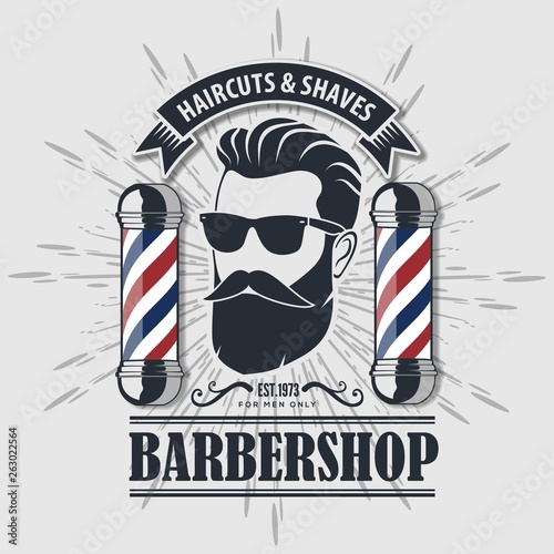 Barber Shop Logo with barber pole in vintage style. Vector template