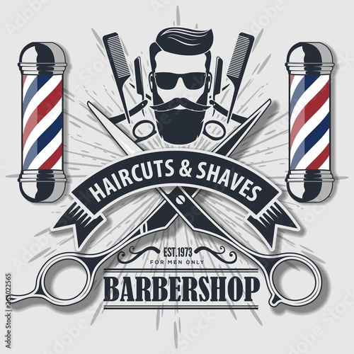 Barber Shop Logo with barber pole in vintage style. Vector template