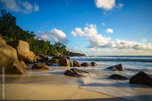 sunset in paradise.shadows of rocks,tropical beach,anse intendance,seychelles 27