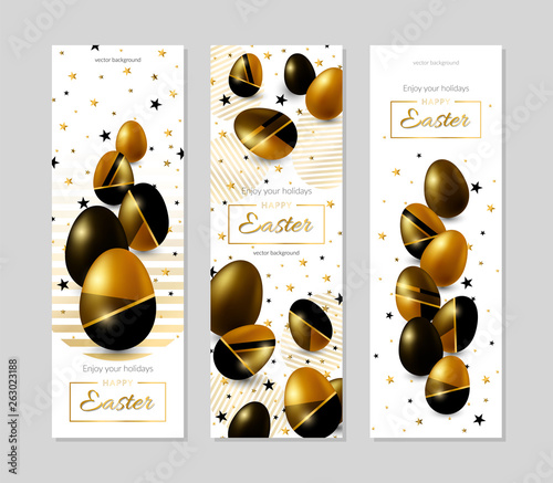 Three Easter vertical banners with realistic golden decorated eggs and stars. Easter card illustration on light background.