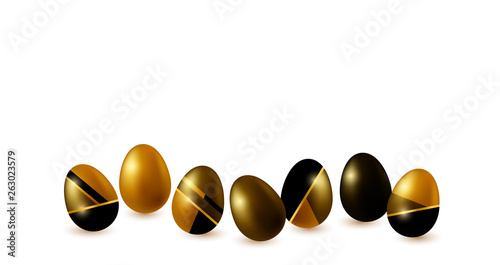 Easter eggs. Golden set with decorated geometric elements for gift, seasonal celebration and holidays in april on white background. Vector illustration.