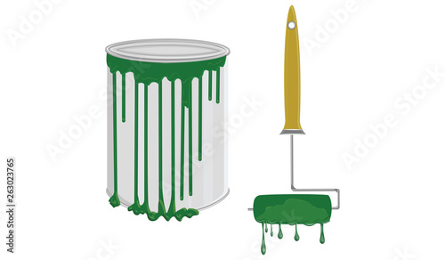 Paint roller and can of green paint - flowing drops - isolated on white background - vector.