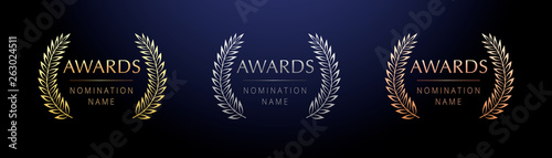 Awards logotype set. Isolated abstract graphic design template. Nominated celebrating elegant banner, decorative old tradition collection of 1 2 3 place, round shining symbols. Vector illustration.