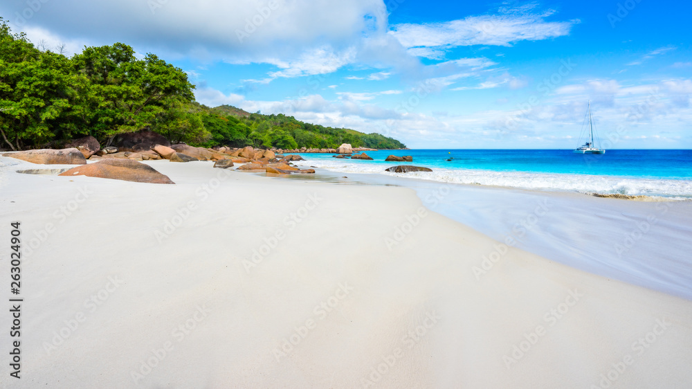 Paradise beach.White sand,turquoise water,palm trees at tropical beach,seychelles 37