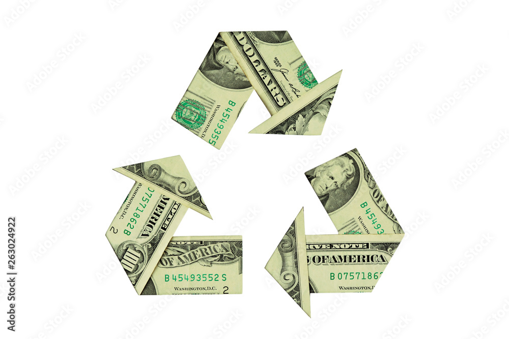 Recycle symbol made with dollar banknotes - Ecology and recycling concept Recycle symbol made with dollar banknotes - Ecology and recycling concept