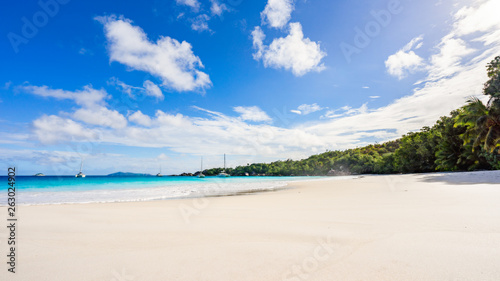 Paradise beach.White sand,turquoise water,palm trees at tropical beach,seychelles 36