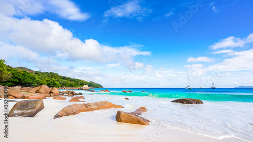 Paradise beach.White sand,turquoise water,palm trees at tropical beach,seychelles 38